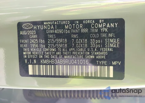 2024 Hyundai Kona Sel из США, поврежденный, VIN KM8HB3AB9RU041016